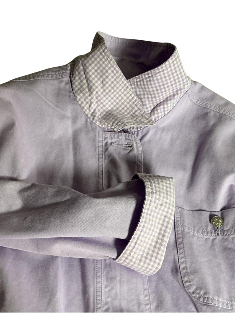 Denim & Co Barn Jacket Womens Large Lavender Purple Gingham Chore Coat NWOT - Picture 12 of 14
